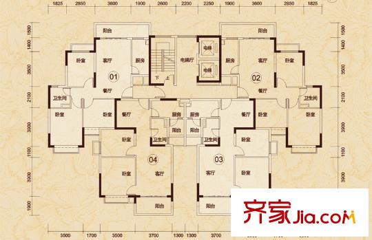 恒大帝景6號樓標準層01-04戶型圖 3室2廳2衛(wèi)1廚