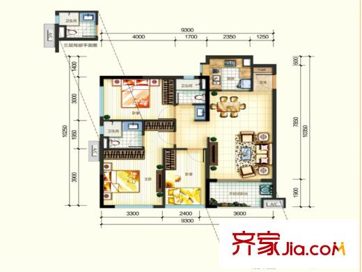 萬科金色里程傾心戶型平面圖 3室2廳2衛(wèi)1廚