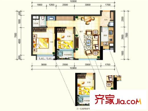 萬科金色里程初心戶型平面圖 2室2廳1衛(wèi)1廚