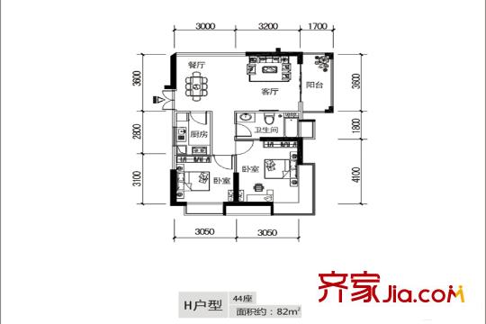 天林湖花園洋房H戶型 82平方米 2室2廳1衛(wèi)1廚