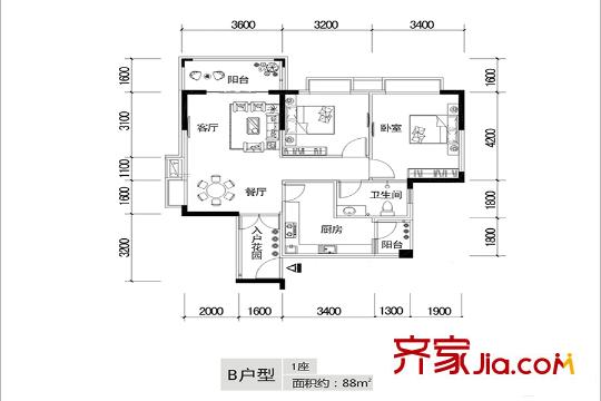 天林湖花園洋房B戶型 88平方米 2室2廳1衛(wèi)1廚