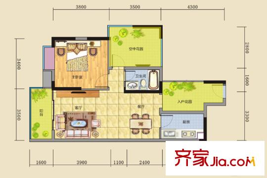 碧河四期水云天公館戶型3-02 1室2廳1衛(wèi)1廚