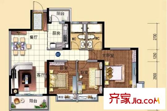 橫瀝碧桂園Y165-02戶型 3室2廳2衛(wèi)1廚