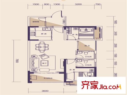 紫荊1號(hào)B1戶型圖 2室2廳2衛(wèi)1廚