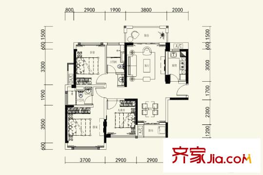 金地?仟百匯A1戶型圖 3室2廳2衛(wèi)1廚