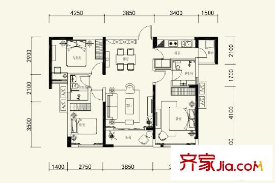 金地?仟百匯A5戶型圖 3室2廳2衛(wèi)1廚