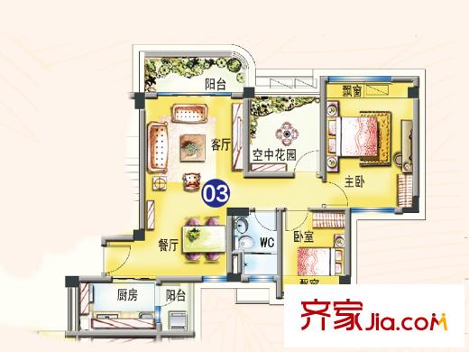 碧桂園翡翠山15號樓03戶型 2室2廳1衛(wèi)1廚