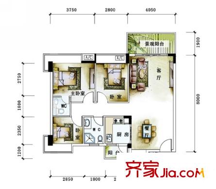 格蘭名筑11棟標(biāo)準(zhǔn)層01戶型 3室2廳2衛(wèi)1廚