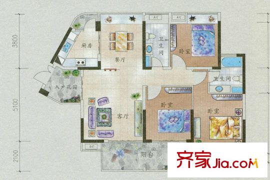 格蘭名筑B3戶型 3室2廳2衛(wèi)1廚