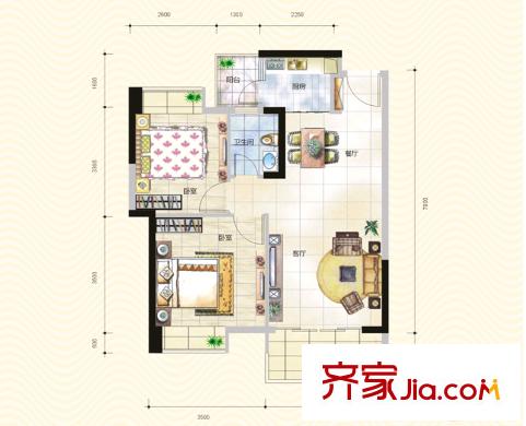 東江華府A3A4戶型 2室2廳1衛(wèi)1廚