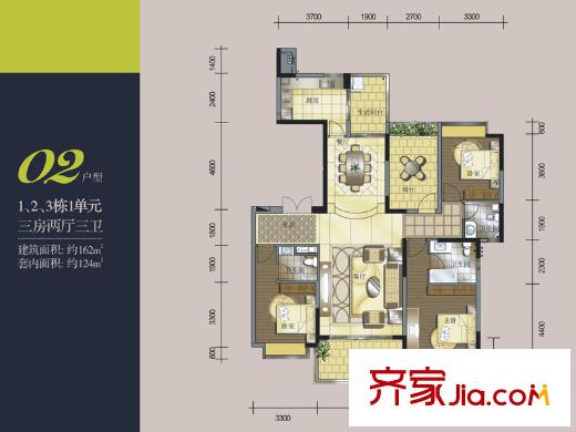 天驕御峰1、2、3棟1單元02戶型 3室2廳3衛(wèi)1廚