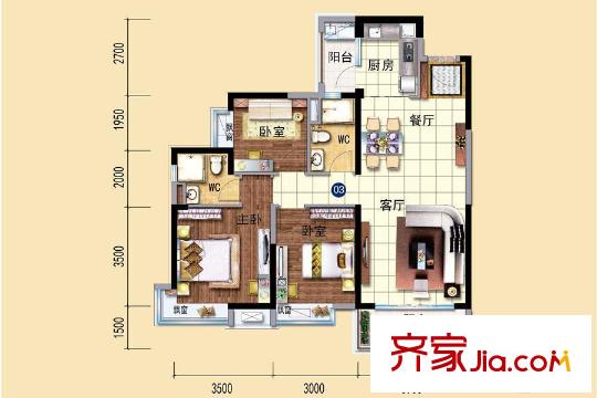 橫瀝碧桂園Y163-03戶型 3室2廳2衛(wèi)1廚