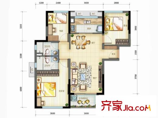 萬科翡麗山四期1-13棟E戶型 3室1廳1衛(wèi)2廚