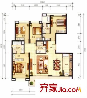 萬科翡麗山26-28棟標(biāo)準(zhǔn)層D戶型 4室2廳3衛(wèi)1廚