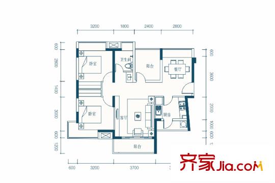 名流印象花園B3戶型 2室2廳1衛(wèi)1廚