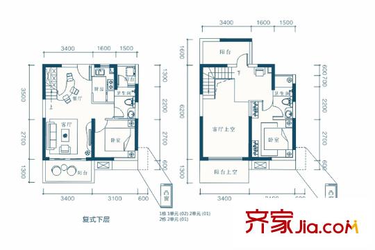 名流印象花園C1戶型 2室2廳1衛(wèi)1廚