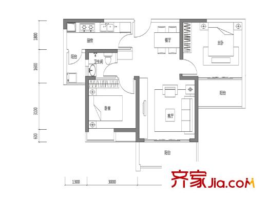 名流印象花園二期C3戶型 2室2廳1衛(wèi)1廚