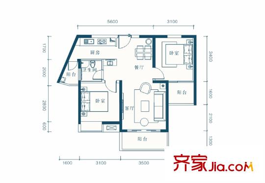 名流印象花園A戶型 2室2廳1衛(wèi)1廚
