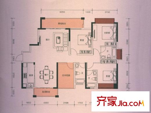 中央公館一號(hào)樓1單元03戶型、2單元02戶型 4室2廳2衛(wèi)1廚
