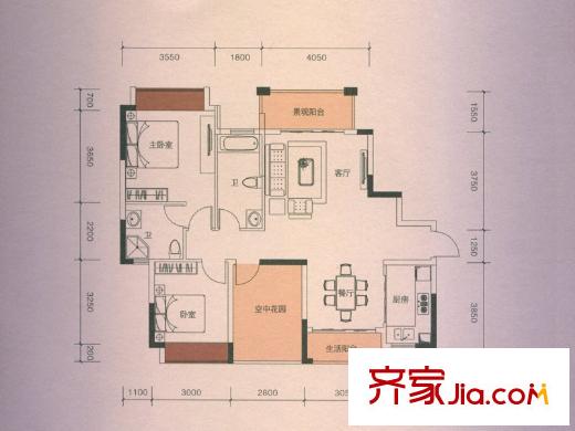 中央公館二號(hào)樓1、2單元02戶型 3室2廳2衛(wèi)1廚