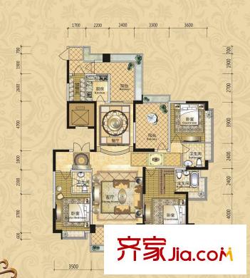 錦繡山河三期3棟2單元標(biāo)準(zhǔn)層K2戶型 3室2廳3衛(wèi)1廚