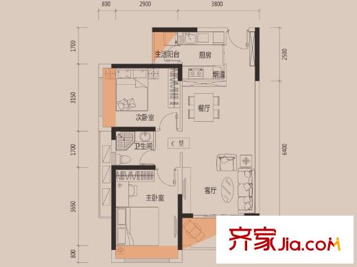 名巨中央花園1/（3-7）棟03-04戶型、2棟04戶型 2室2廳1衛(wèi)1廚
