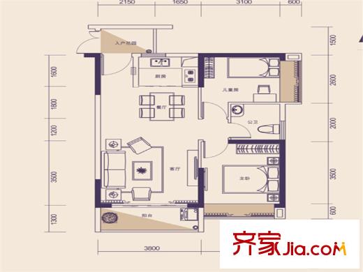 紫荊1號(hào)A2平面戶型圖 2室2廳1衛(wèi)1廚
