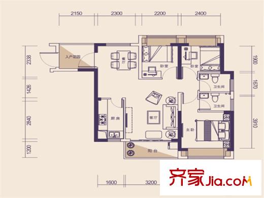 紫荊1號(hào)B2戶型圖 3室2廳2衛(wèi)1廚