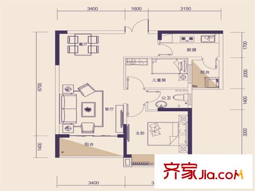 紫荊1號(hào)A1平面戶型圖 2室2廳1衛(wèi)1廚