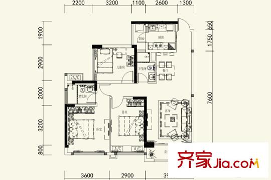 金地?仟百匯A2戶型圖 3室2廳2衛(wèi)1廚