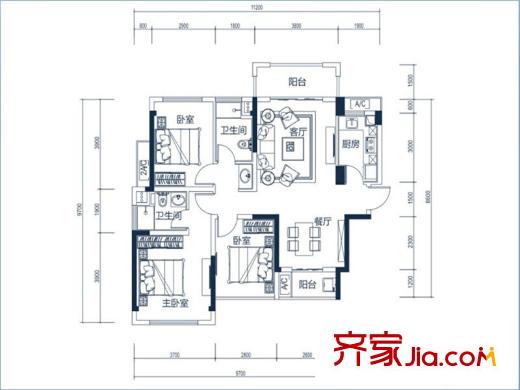 金地?仟百匯2棟A1戶型 3室2廳2衛(wèi)1廚
