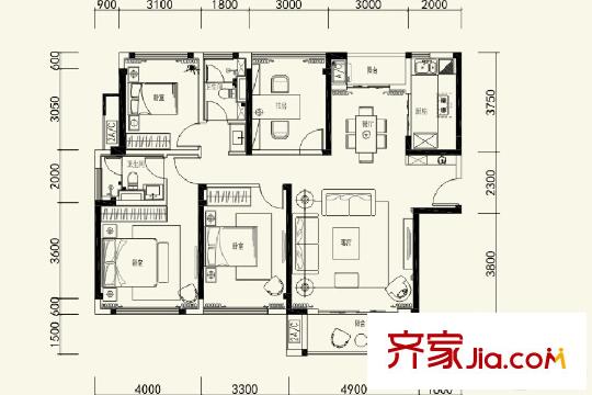 金地?仟百匯A3戶型圖 4室2廳2衛(wèi)1廚