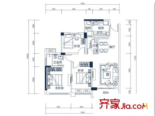 金地?仟百匯2棟A3戶型 3室2廳2衛(wèi)1廚