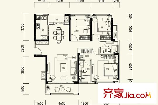 金地?仟百匯A4戶型圖 3室2廳2衛(wèi)1廚