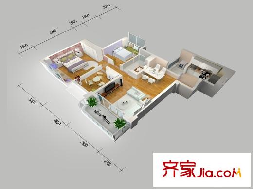 碧桂園翡翠山j(luò)330-15-03戶型3D戶型圖 2室2廳1衛(wèi)1廚