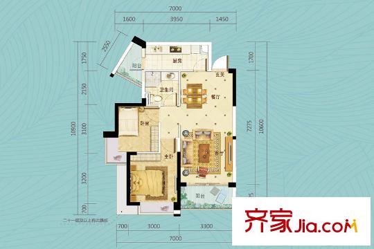 碧桂園翡翠山04戶型76平方米戶型圖 2室2廳1衛(wèi)1廚