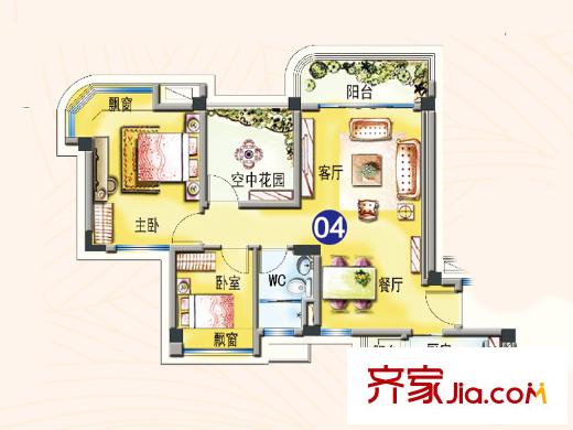 碧桂園翡翠山15號樓04戶型 2室2廳1衛(wèi)1廚