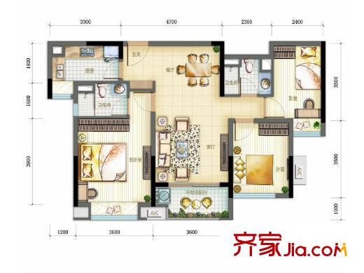 萬科翡麗山四期1-13棟F戶型 3室1廳2衛(wèi)1廚