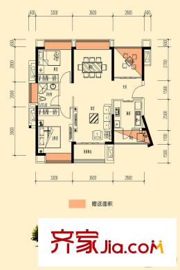 信鴻瀾岸1、2棟01戶型 3室2廳1衛(wèi)1廚