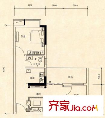 聯(lián)冠廣場(chǎng)1棟標(biāo)準(zhǔn)層30、35房號(hào)戶型 2室1廳1衛(wèi)1廚