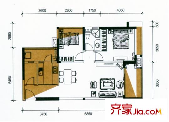 祥利上城6棟標(biāo)準(zhǔn)層01單元K戶型 2室2廳1衛(wèi)1廚