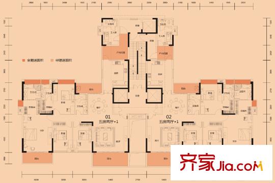 盛和豪園3、4棟標準層01、02戶型圖 5室2廳4衛(wèi)1廚