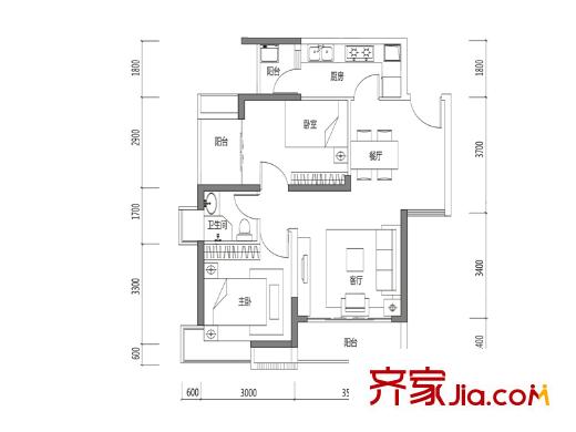 名流印象花園二期C2戶型 2室2廳1衛(wèi)1廚