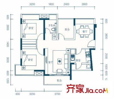 名流印象花園3棟（03）、7棟（04）戶型B3 2室2廳1衛(wèi)1廚