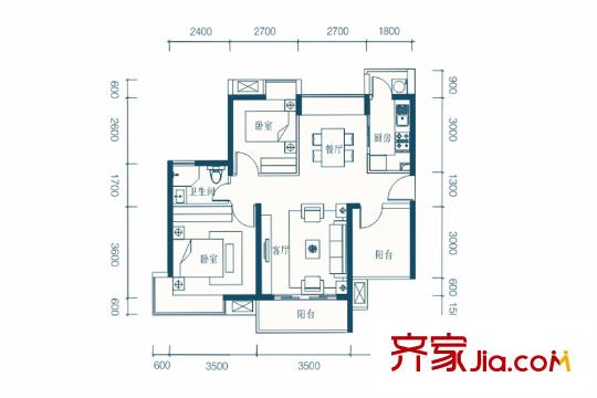 名流印象花園B4戶型 2室2廳1衛(wèi)1廚