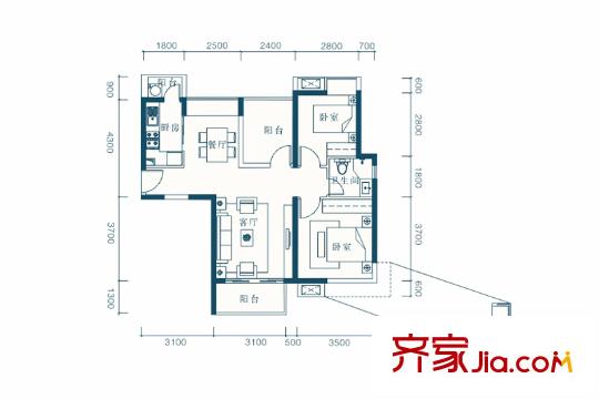 名流印象花園B1戶型 2室2廳1衛(wèi)1廚