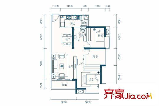 名流印象花園B2戶型 2室2廳1衛(wèi)1廚