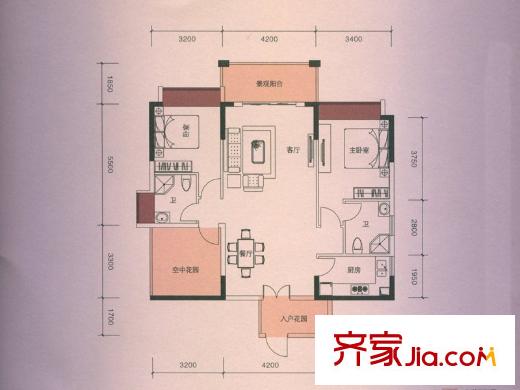 中央公館二號(hào)樓1、2單元01戶型 3室2廳2衛(wèi)1廚