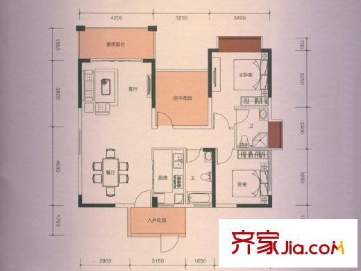 中央公館一號(hào)樓1、2單元01戶型，二號(hào)樓3單元01戶型 3室2廳2衛(wèi)1廚