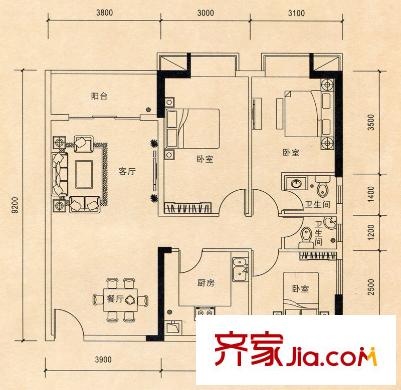 聯(lián)冠廣場(chǎng)1棟標(biāo)準(zhǔn)層25房號(hào)戶型 3室2廳2衛(wèi)1廚